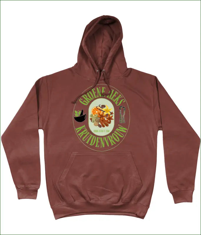 Dames Hoodie in 14 Kleuren met opdruk ’Groene Heks Kruidenvrouw sinds 1780 v. Chr’ - Red Dust / XS - Kleding