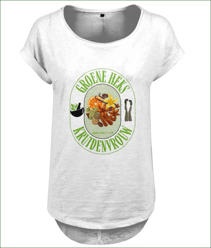 Lang Dames T-shirt Slub Jersey Katoen ’Groene Heks Kruidenvrouw sinds 1780 v. Chr’ - XS / Wit - Kleding