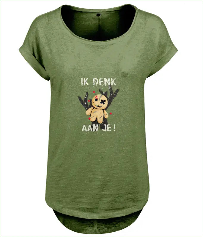 Lang Dames T-shirt Slub Jersey Katoen ’IK DENK AAN JE!’ - Olijf / XS - Kleding