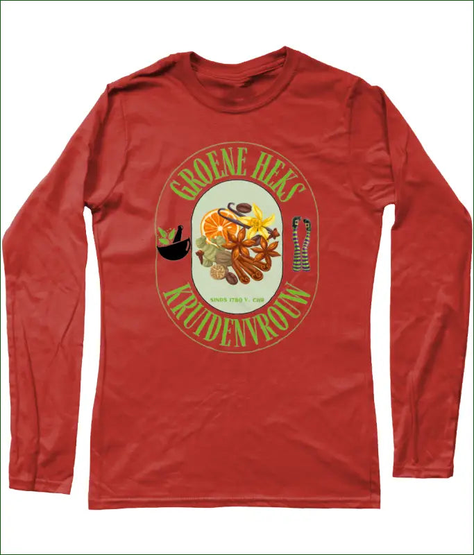 SoftStyle T-shirt Katoen met Lange Mouwen ’Groene Heks Kruidenvrouw sinds 1780 v. Chr’ - S / Rood - Kleding
