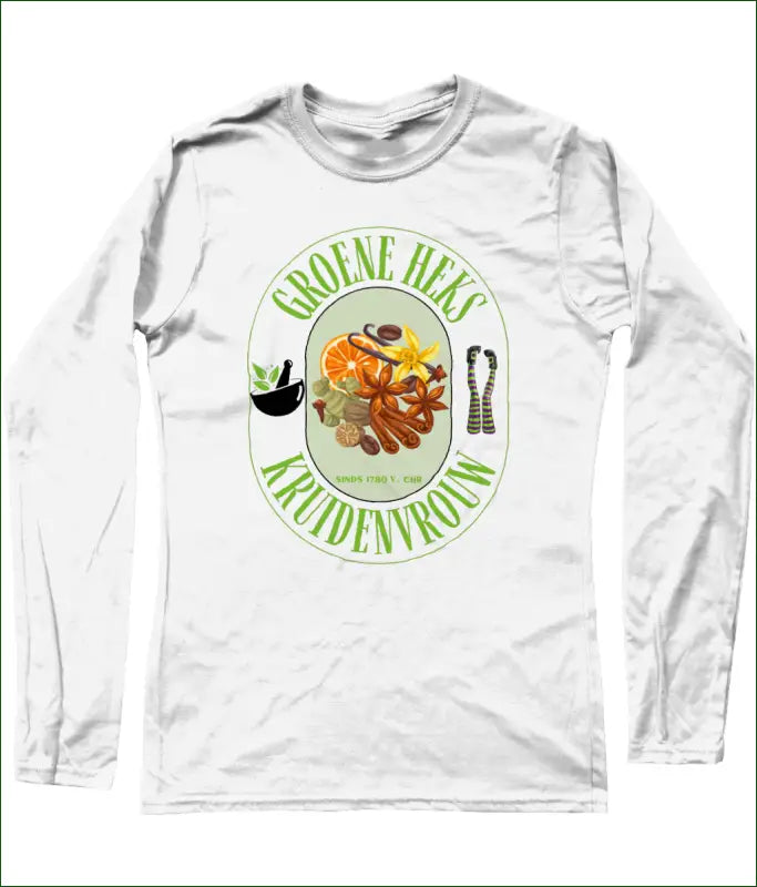 SoftStyle T-shirt Katoen met Lange Mouwen ’Groene Heks Kruidenvrouw sinds 1780 v. Chr’ - S / Wit - Kleding