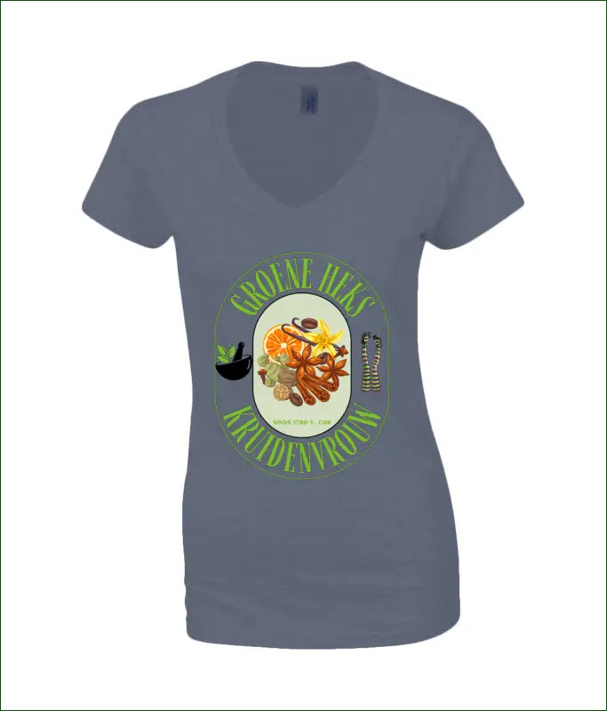 SoftStyle V-Hals T-Shirt voor Vrouwen ’Groene Heks Kruidenvrouw sinds 1780 v. Chr’ - S / Navy