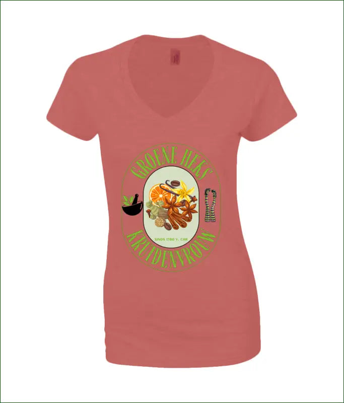 SoftStyle V-Hals T-Shirt voor Vrouwen ’Groene Heks Kruidenvrouw sinds 1780 v. Chr’ - S / Rood