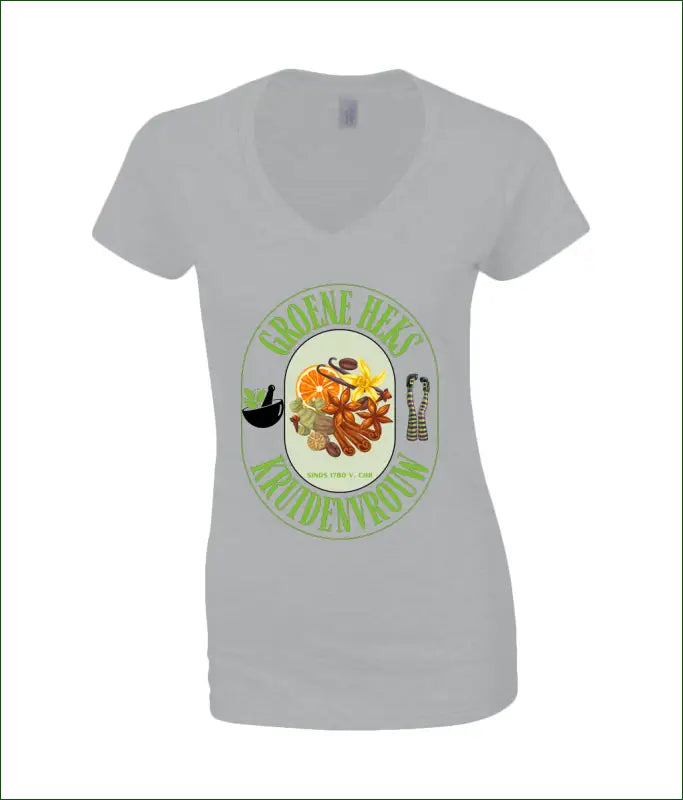 SoftStyle V-Hals T-Shirt voor Vrouwen ’Groene Heks Kruidenvrouw sinds 1780 v. Chr’ - S / Grey