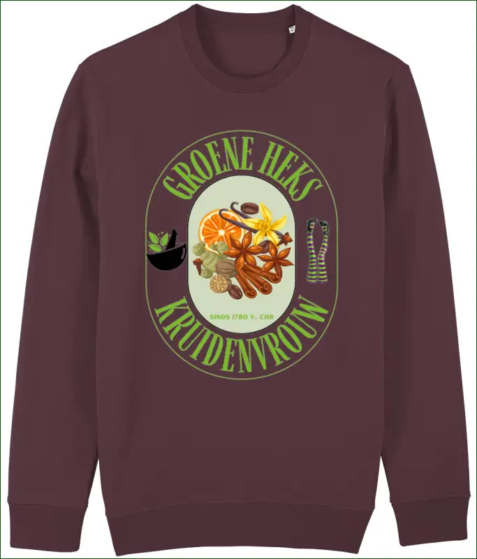 Sweater Katoen voor Dames met opdruk ’Groene Heks Kruidenvrouw sinds 1780 v. Chr’ - XXS / Red Brown - Kleding