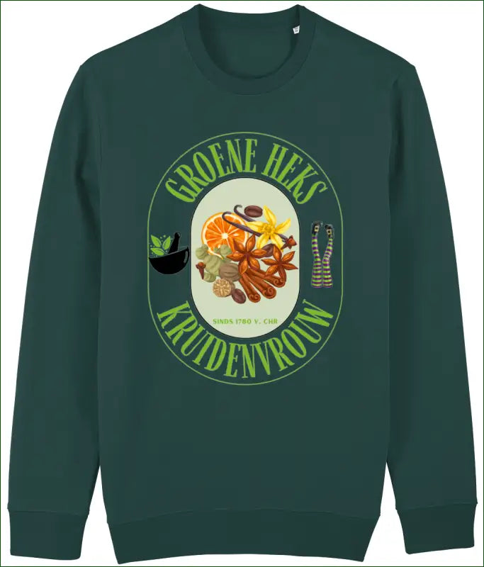 Sweater Katoen voor Dames met opdruk ’Groene Heks Kruidenvrouw sinds 1780 v. Chr’ - XXS / Glazed Green - Kleding