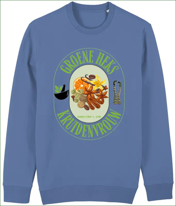 Sweater voor Dames met opdruk ’Groene Heks Kruidenvrouw sinds 1780 v. Chr’ - XS / Bright Blue - Kleding