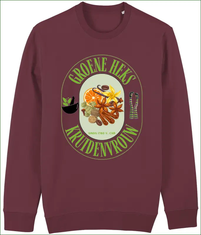 Sweater voor Dames met opdruk ’Groene Heks Kruidenvrouw sinds 1780 v. Chr’ - XS / Burgundy - Kleding