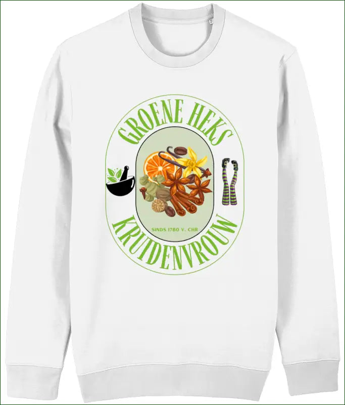 Sweater voor Dames met opdruk ’Groene Heks Kruidenvrouw sinds 1780 v. Chr’ - XS / Wit - Kleding