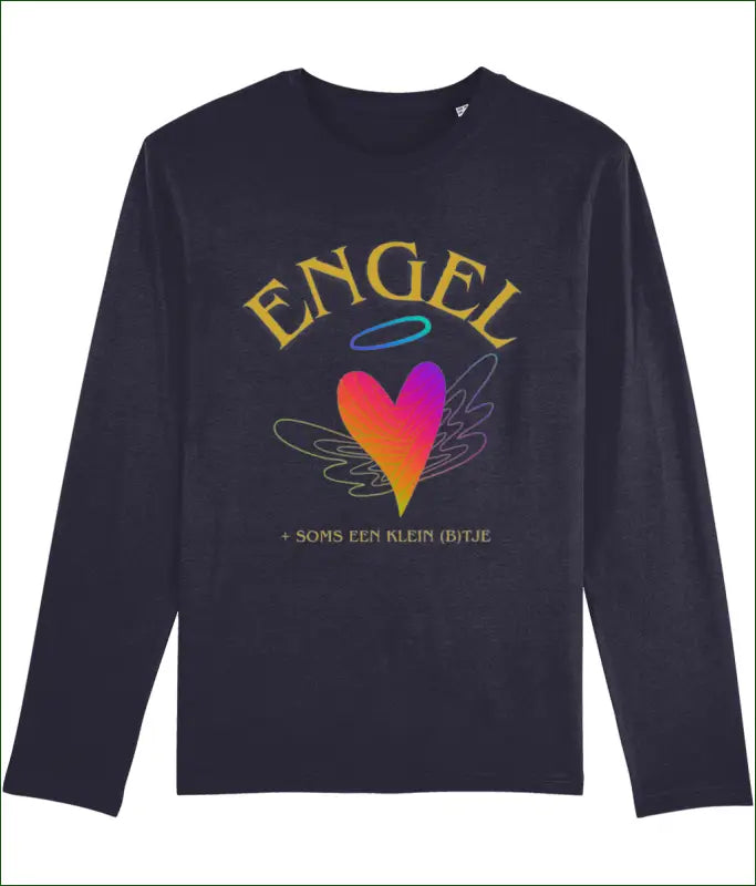 Unisex T-shirt in 3 Kleuren met Lange Mouw ’ENGEL + soms een klein B’tje’ - S / Navy - Kleding