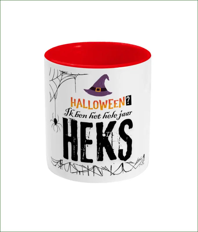 Witte Glanzende Keramische Mok Gekleurd Oor en Binnenkant ’Halloween? Ik ben het hele jaar HEKS’ - Wit/Rood - Mokken