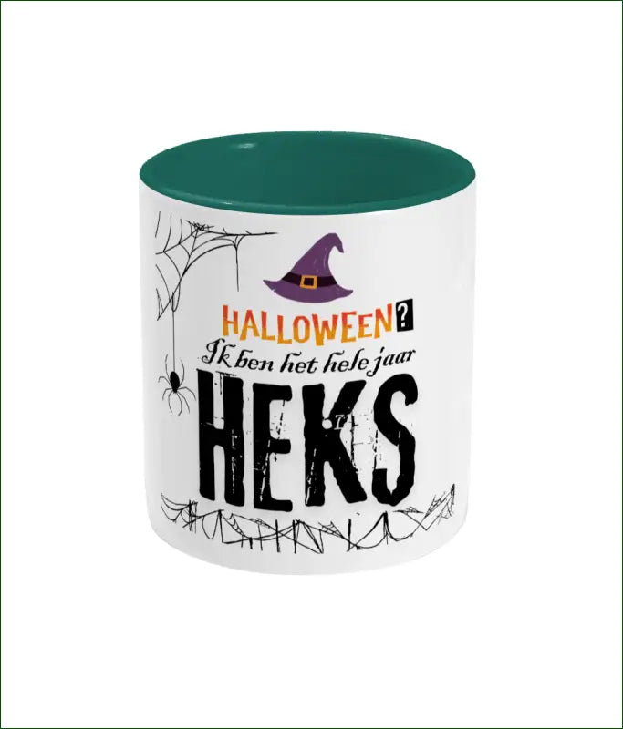 Witte Glanzende Keramische Mok Gekleurd Oor en Binnenkant ’Halloween? Ik ben het hele jaar HEKS’ - Wit/Donkergroen