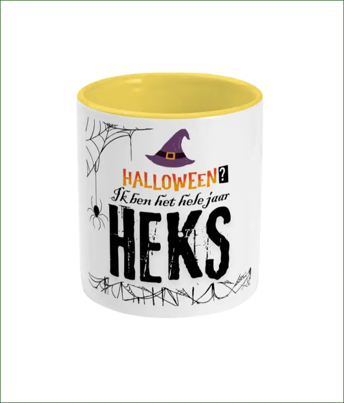 Witte Glanzende Keramische Mok Gekleurd Oor en Binnenkant ’Halloween? Ik ben het hele jaar HEKS’ - Wit/Geel - Mokken