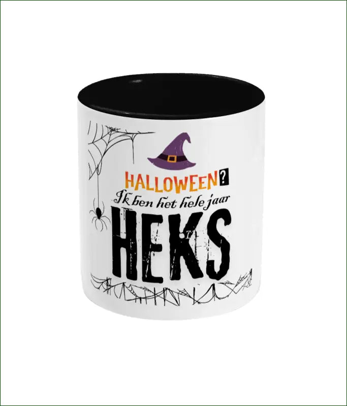 Witte Glanzende Keramische Mok Gekleurd Oor en Binnenkant ’Halloween? Ik ben het hele jaar HEKS’ - Mokken
