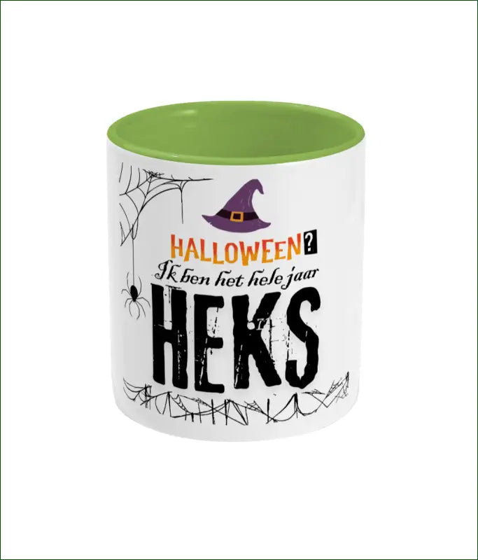 Witte Glanzende Keramische Mok Gekleurd Oor en Binnenkant ’Halloween? Ik ben het hele jaar HEKS’ - Mokken