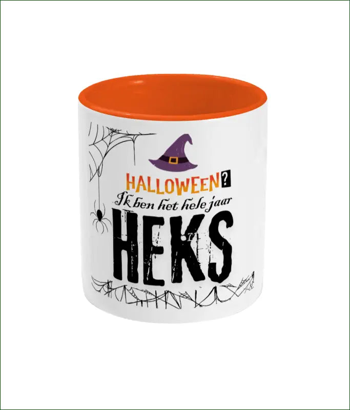 Witte Glanzende Keramische Mok Gekleurd Oor en Binnenkant ’Halloween? Ik ben het hele jaar HEKS’ - Mokken
