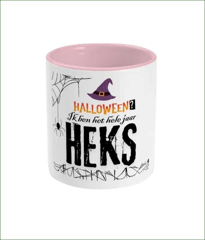 Witte Glanzende Keramische Mok Gekleurd Oor en Binnenkant ’Halloween? Ik ben het hele jaar HEKS’ - Wit/Roze - Mokken
