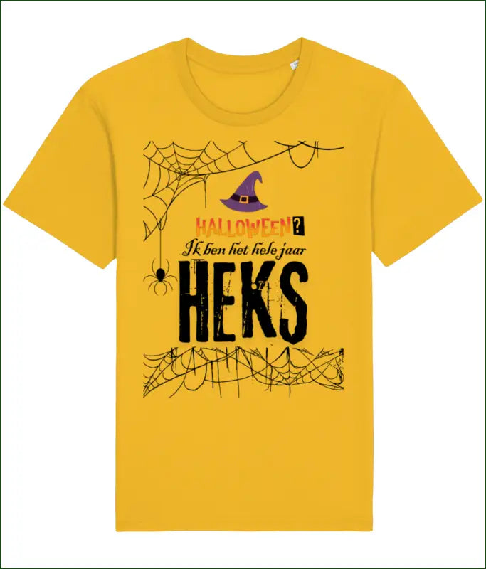 Heksen Unisex T-shirt Katoen ’Halloween? Ik ben het hele jaar HEKS’ - Geel / XS - Kleding