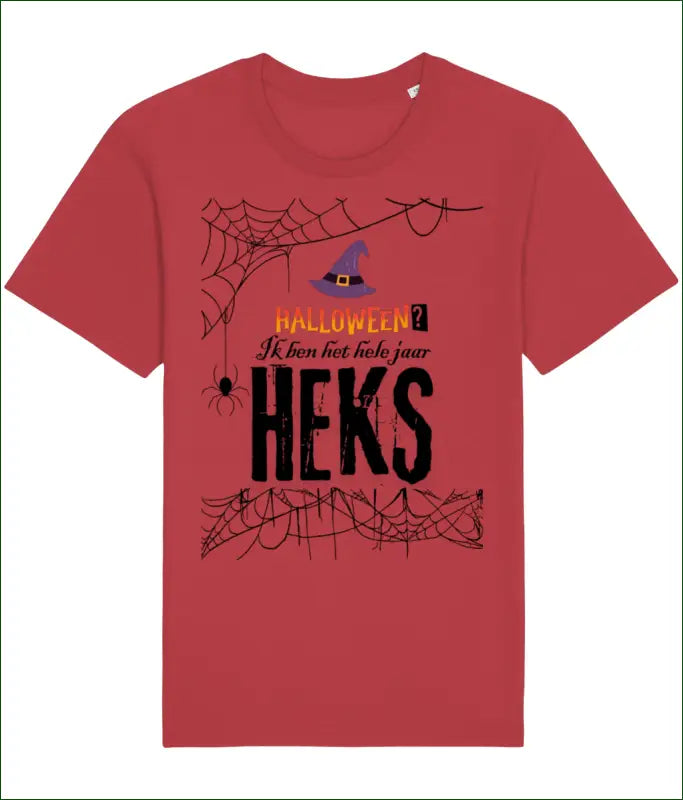 Heksen Unisex T-shirt Katoen ’Halloween? Ik ben het hele jaar HEKS’ - Rood / XS - Kleding