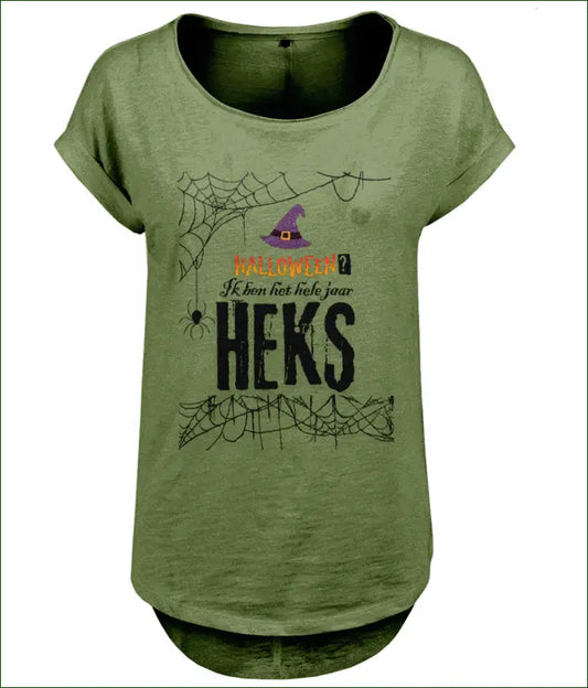 Lang Dames T-shirt Slub Jersey Katoen ’Ik ben het hele jaar HEKS’ - Olijf / XS - Kleding