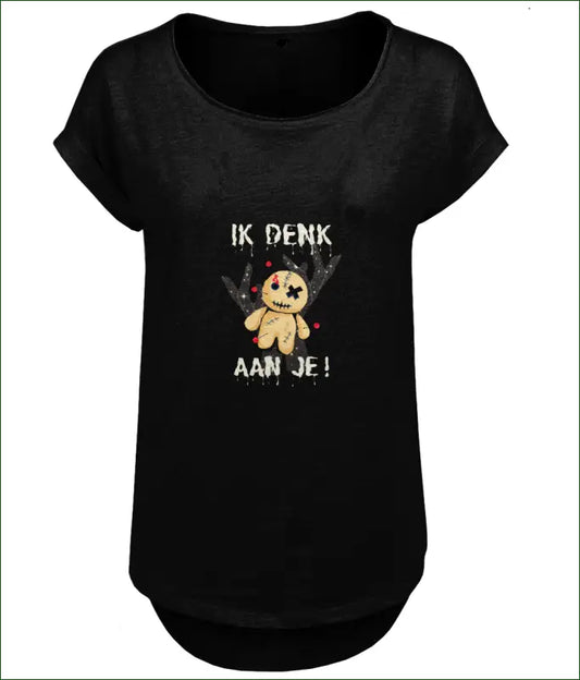 Lang Dames T-shirt Slub Jersey Katoen ’IK DENK AAN JE!’ - Zwart / XS - Kleding