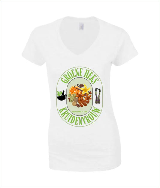 SoftStyle V-Hals T-Shirt voor Vrouwen ’Groene Heks Kruidenvrouw sinds 1780 v. Chr’ - S / Wit