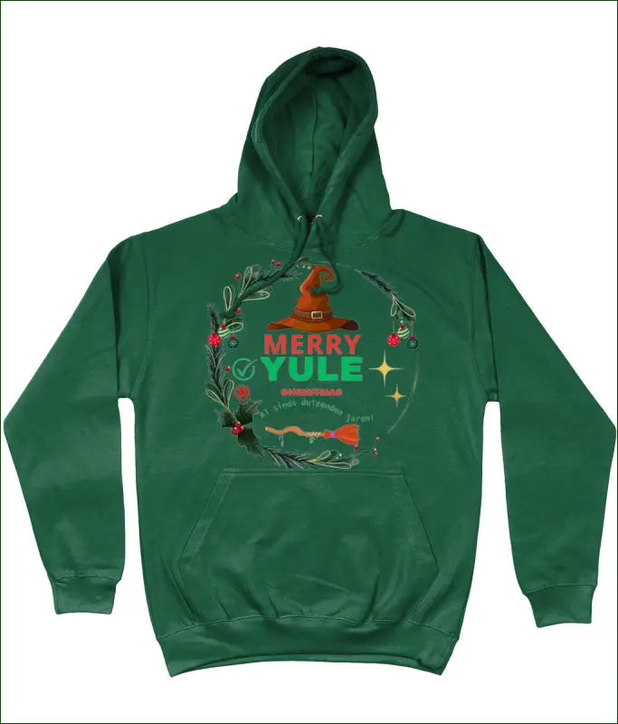 Unisex Hoodie met Opdruk ’MERRY YULE ̶C̶h̶r̶i̶s̶t̶m̶a̶s̶ al sinds Duizenden Jaren’ - XS / Bottle Green - Kleding