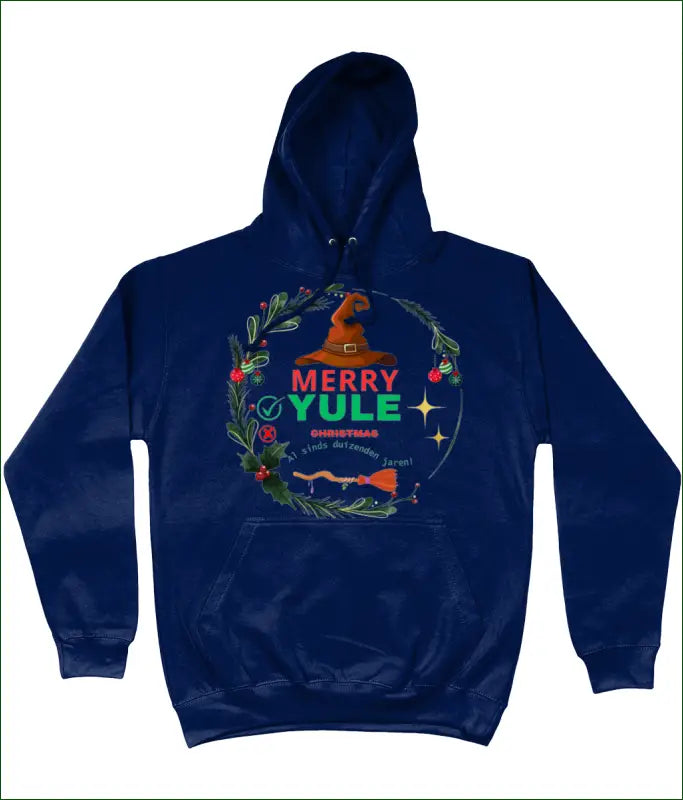 Unisex Hoodie met Opdruk ’MERRY YULE ̶C̶h̶r̶i̶s̶t̶m̶a̶s̶ al sinds Duizenden Jaren’ - XS / Oxford Blue - Kleding