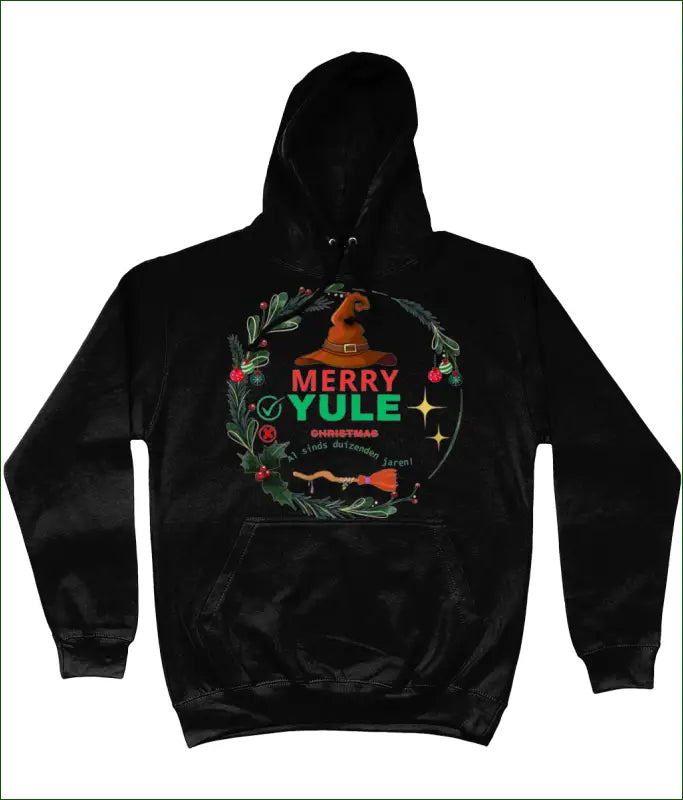 Unisex Hoodie met Opdruk ’MERRY YULE ̶C̶h̶r̶i̶s̶t̶m̶a̶s̶ al sinds Duizenden Jaren’ - XS / Deep Black - Kleding