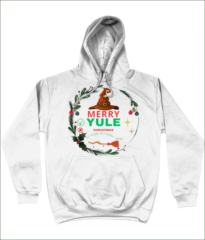 Unisex Hoodie met Opdruk ’MERRY YULE ̶C̶h̶r̶i̶s̶t̶m̶a̶s̶ al sinds Duizenden Jaren’ - XS / White - Kleding